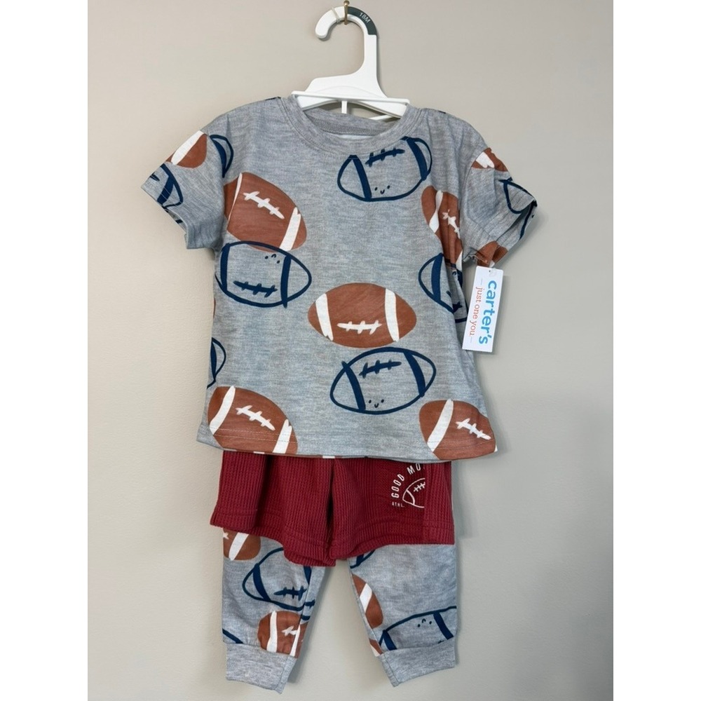 Carter Just One You 3pc Pajama Set Kids 18M Gray Burgundy Football NWT